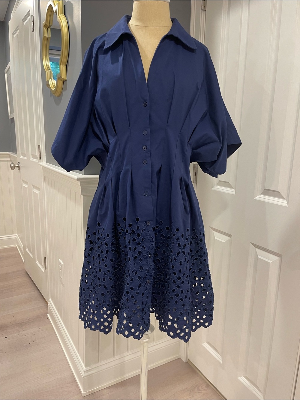 Anthropologie Exquise Toby Navy Eyelet-Hem Button Front Mini Dress